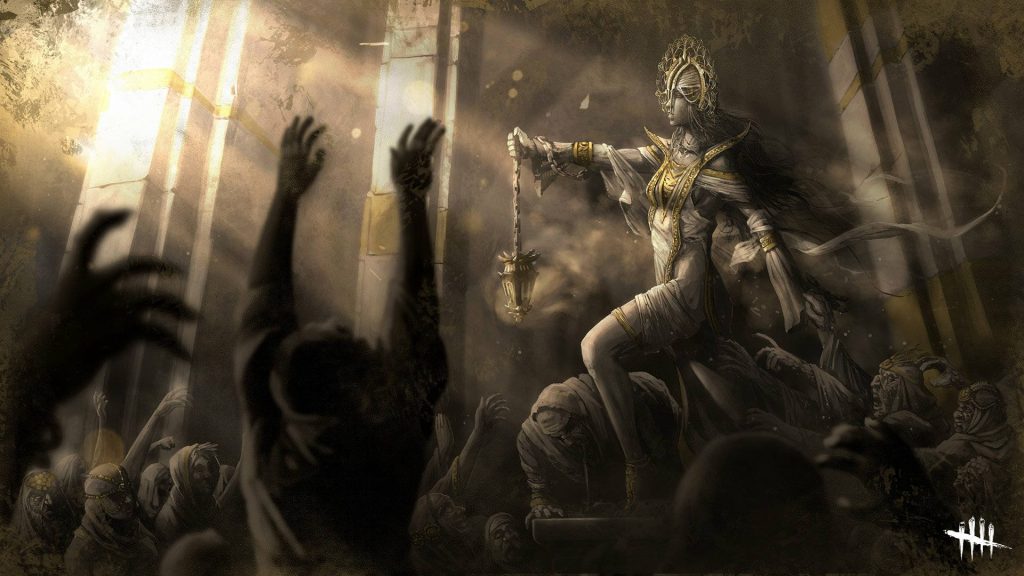 Dark Dead by Daylight wallpaper of The Plague Adiris in temple with eerie light rays