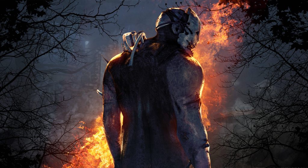 Dead by Daylight The Trapper backlit by flames dark forest horror wallpaper background