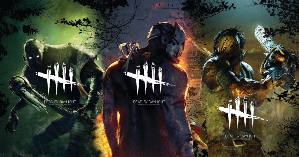 Dead by Daylight wallpaper with The Wraith Trapper and Hillbilly in dark forest horror scene
