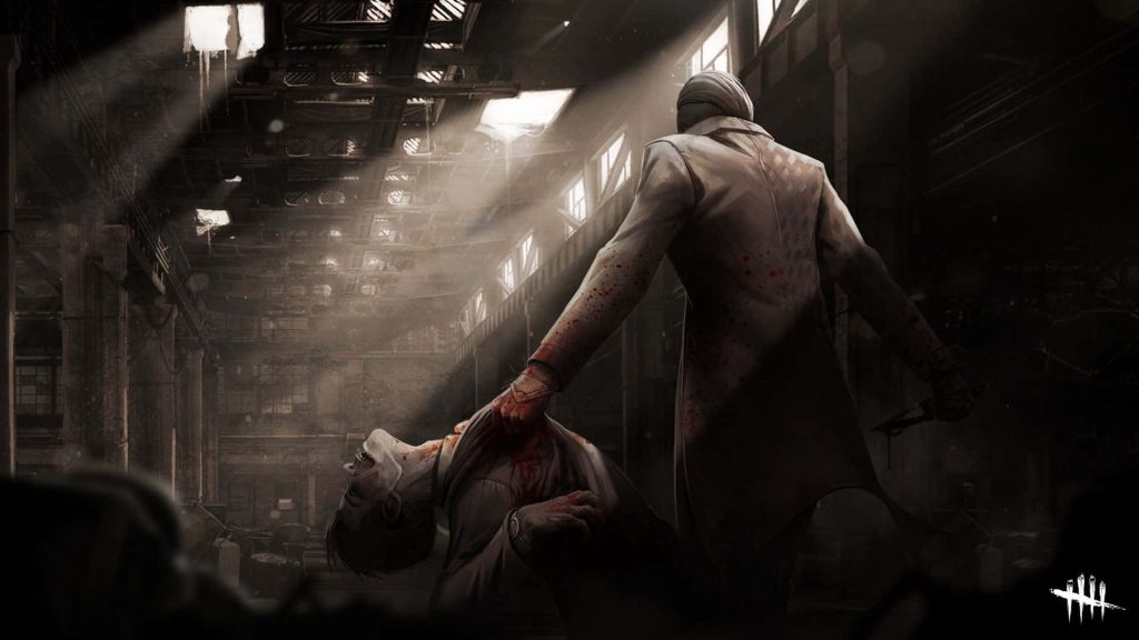 Dead by Daylight wallpaper The Doctor looming over fallen survivor in dark industrial facility