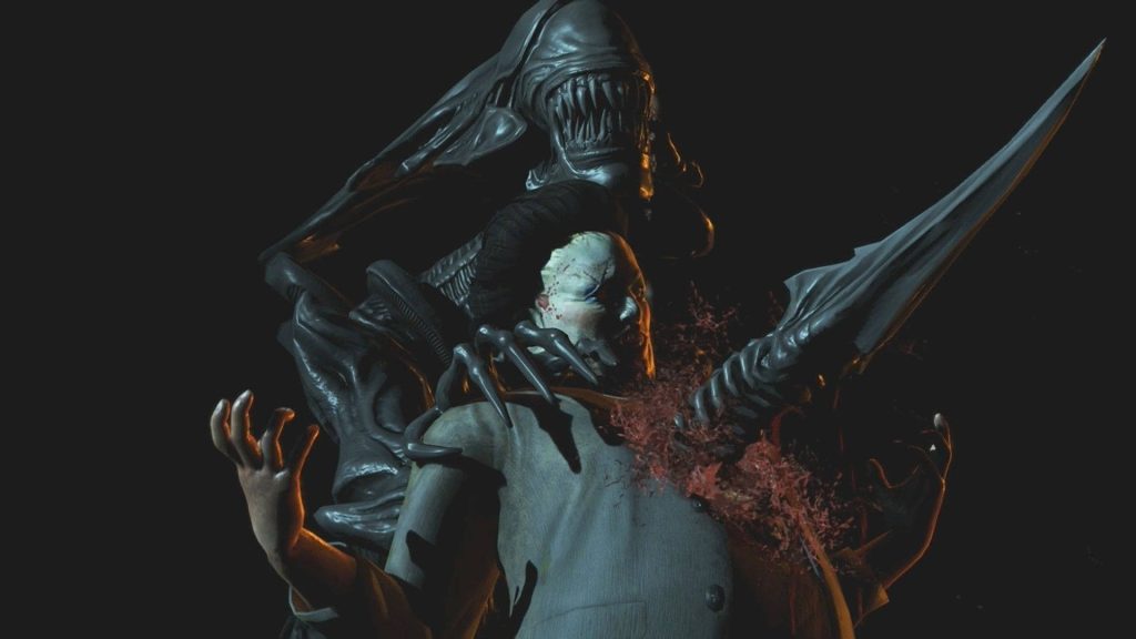 Dead by Daylight wallpaper featuring 3D Xenomorph killing survivor with dark horror lighting