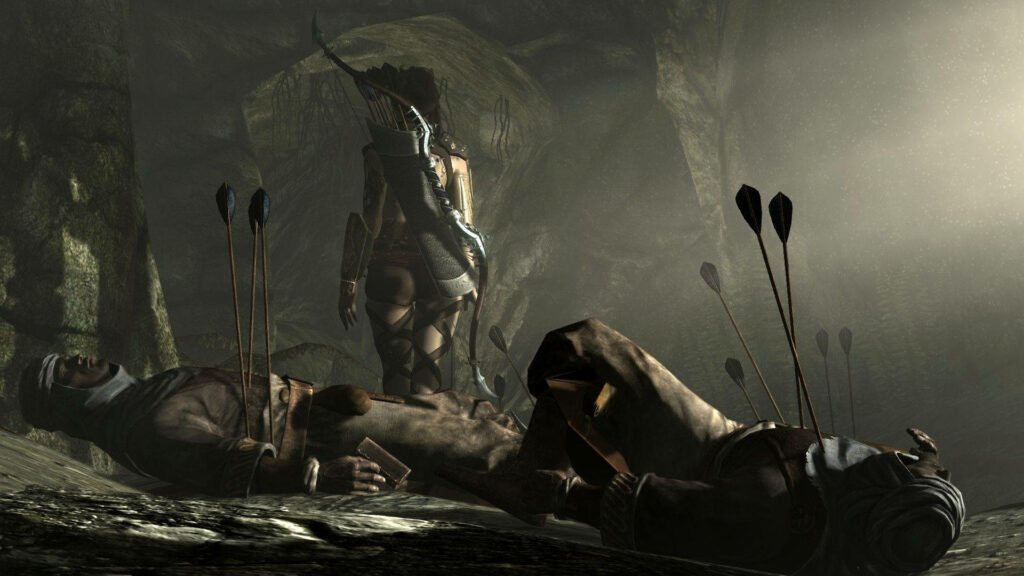 Silent Triumph: A Skyrim Woman Archer's Dungeon Slaughter Wallpaper