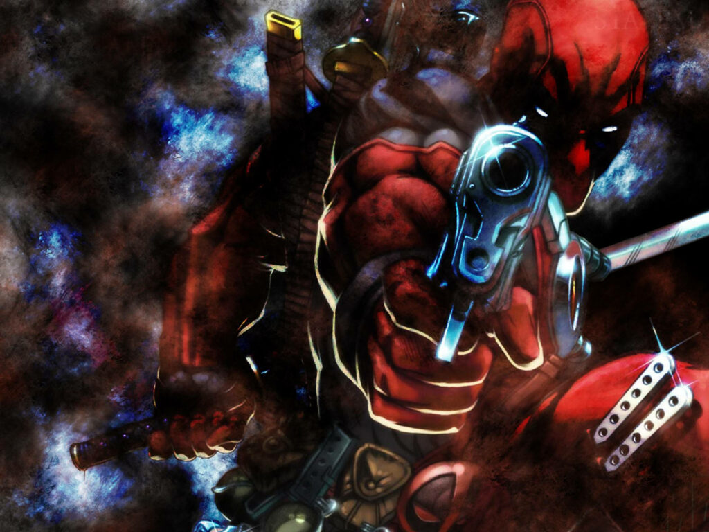 Deadly Mercenary: Intense 4k Portrait of Deadpool Gripping Weapon with Determined Gaze Wallpaper