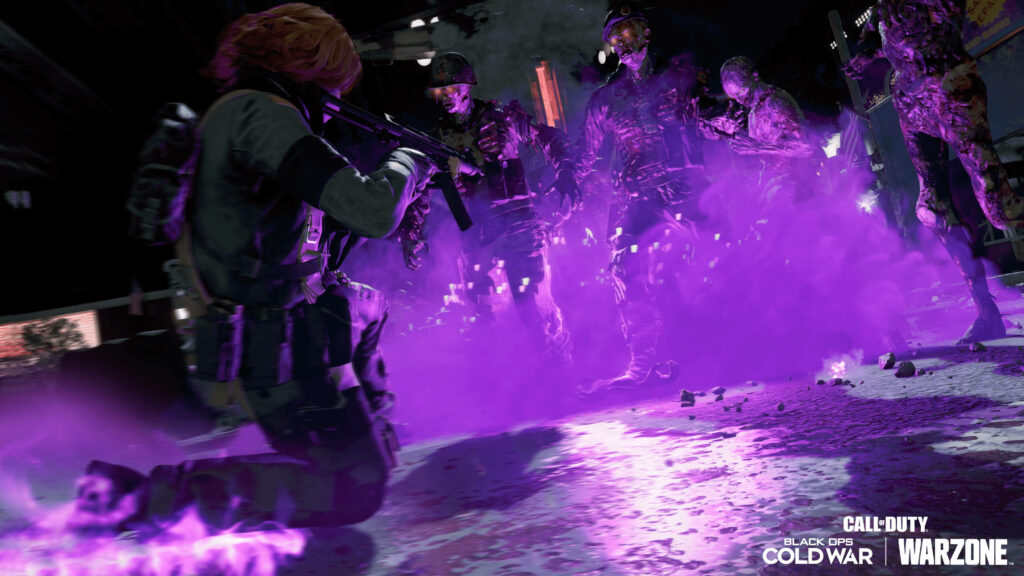 Purple Haze: A Fearless Warrior Engages in a Battle Against Zombie Horde in Call of Duty Black Ops Cold War Wallpaper