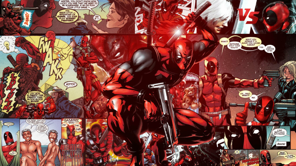 Deadly Combination: Red Deadpool wields sword & gun with comic book flair Wallpaper
