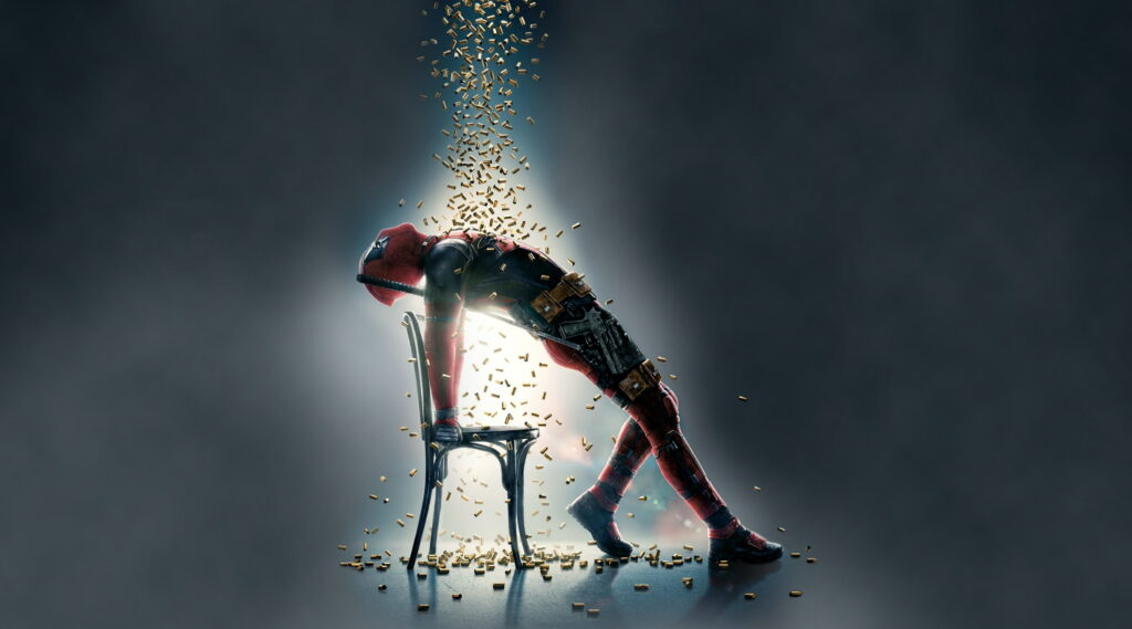 Deadpool 4K wallpaper Deadpool 2 mercenary dramatic pose chair bullet casings rain backlight