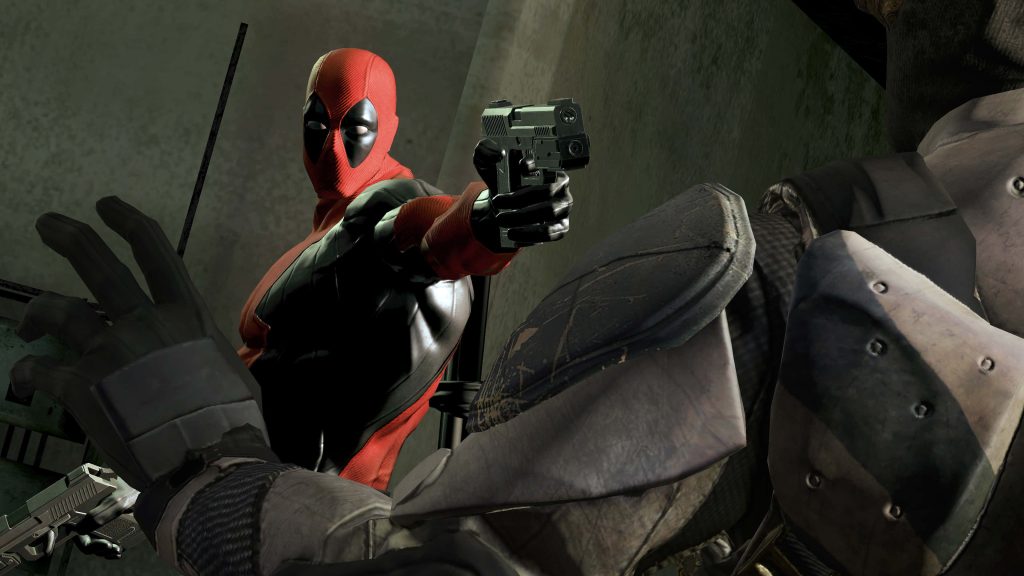 Deadpool in red black tactical suit aims handgun in close combat against armored soldier CGI screenshot Wallpaper