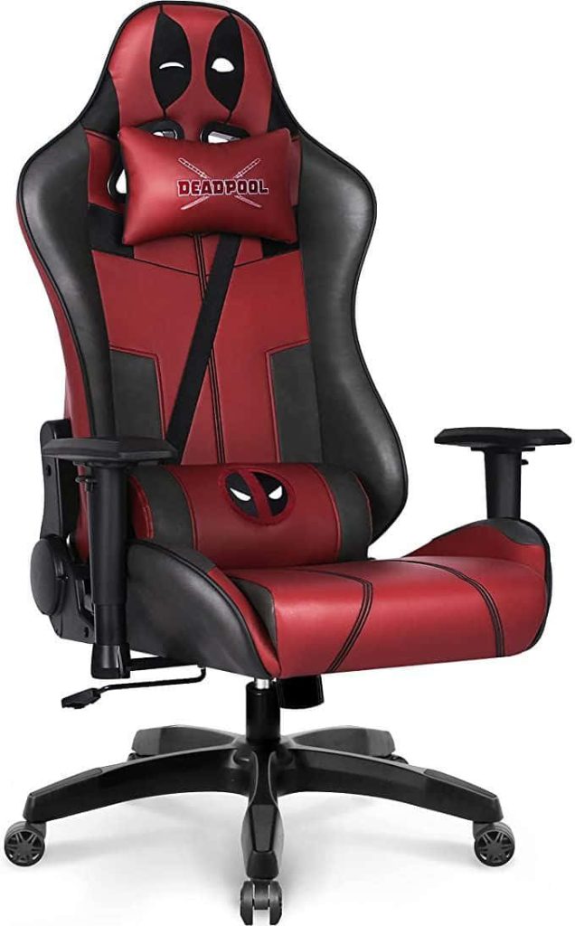 Deadpool gaming chair red black ergonomic design with custom mask logos and branded pillows Wallpaper