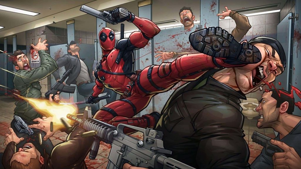 Deadpool mid-fight delivering a kick in a vibrant bloody bathroom battle wallpaper background