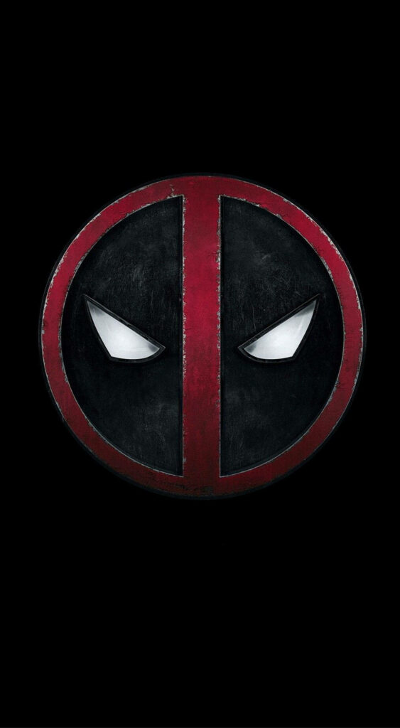 Deadpool logo wallpaper crimson red emblem with sharp white eyes on black background for mobile
