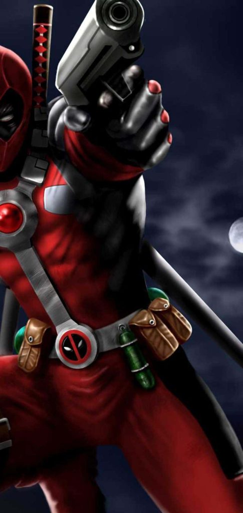 Deadpool in red black suit holding handgun at night moonlit sky high definition Marvel wallpaper