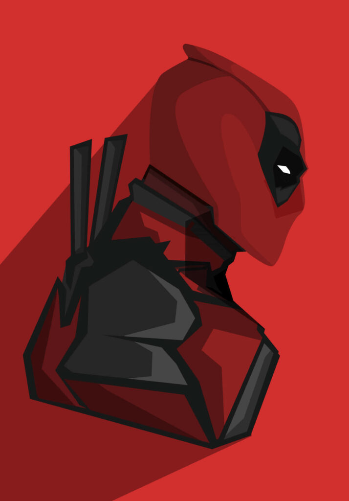 Deadpool side profile pop art wallpaper red and black mask vibrant background sharp shadows