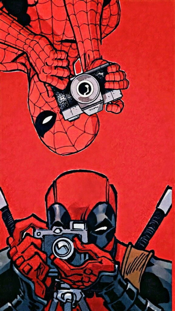 Deadpool and Spiderman HD phone wallpaper posing with cameras in vibrant comic-style art