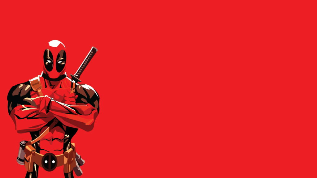 Minimalist Deadpool wallpaper with crossed arms and katana on vivid red background for fans