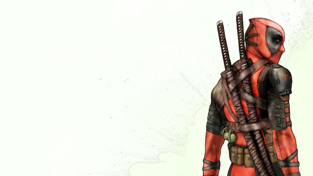 Fearless Mercenary: Captivating 4k Visual of Deadpool Concealing Dual Swords, Profoundly Standing Against a Pure White Canvas Wallpaper