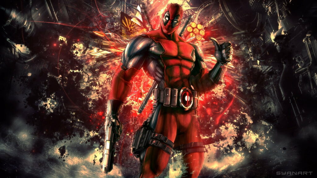 Deadpool in red suit with handgun thumbs up fiery red energy abstract gritty background wallpaper