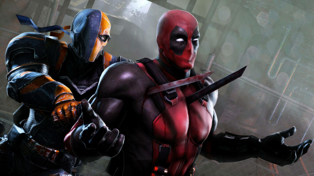 Deadpool and Deathstroke face off in detailed costumes against gritty urban background wallpaper