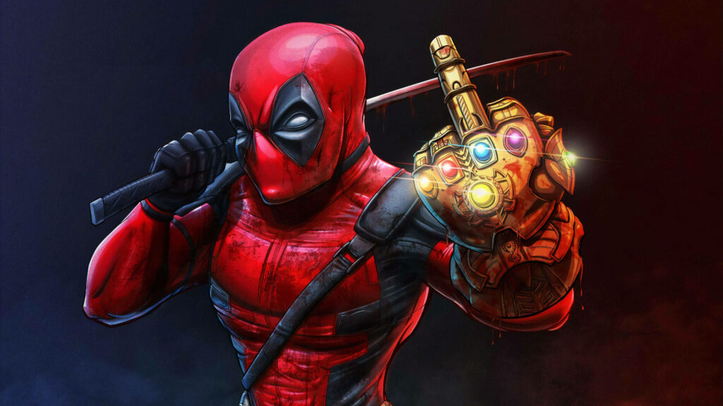 Deadpool's Antics: Irreverent Mercenary Takes on Thanos with a Middle Finger Twist - 4k Marvel Mayhem Wallpaper