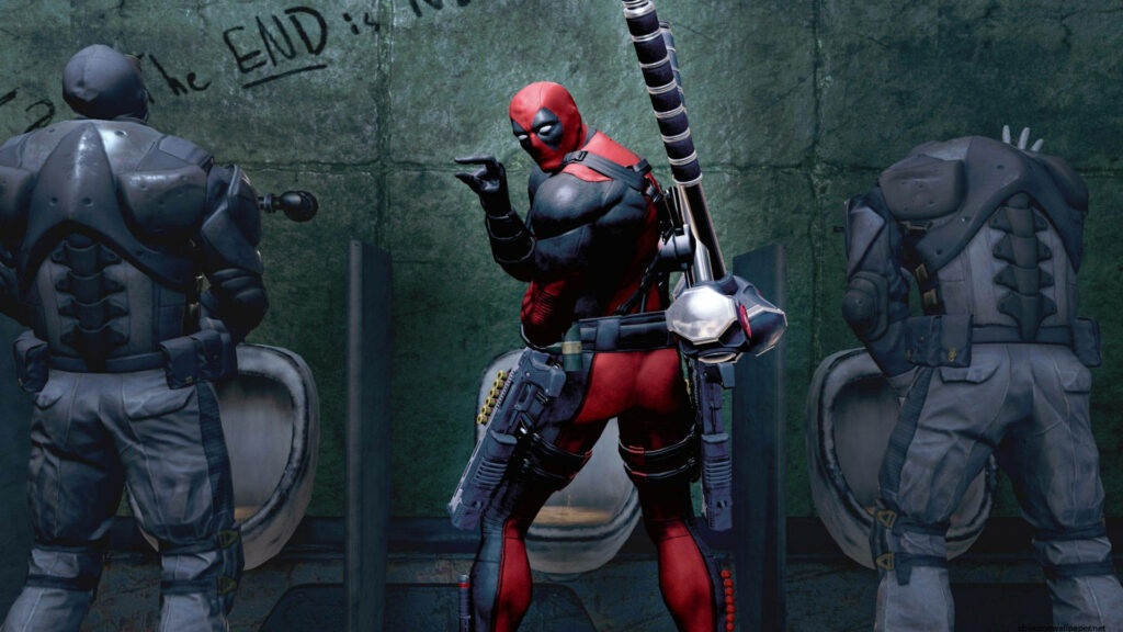 Deadpool's Unusual Hideout: A Urinal Encounter with Guards in Marvel's Deadpool for Xbox Wallpaper