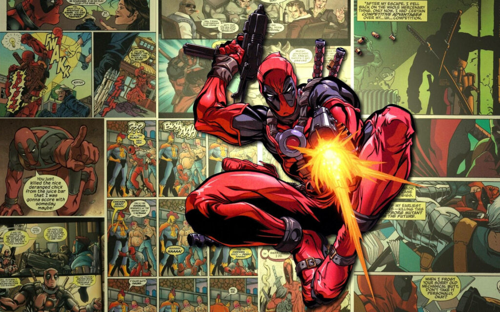 Deadpool's Weapon Wielding Fanart Wallpaper with a Splash of Comic Book Pages