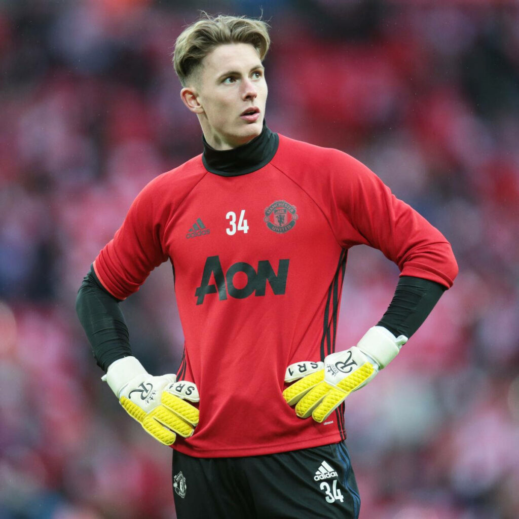 Dean Henderson Manchester United training gear confident pose vivid red and black goalkeeper wallpaper