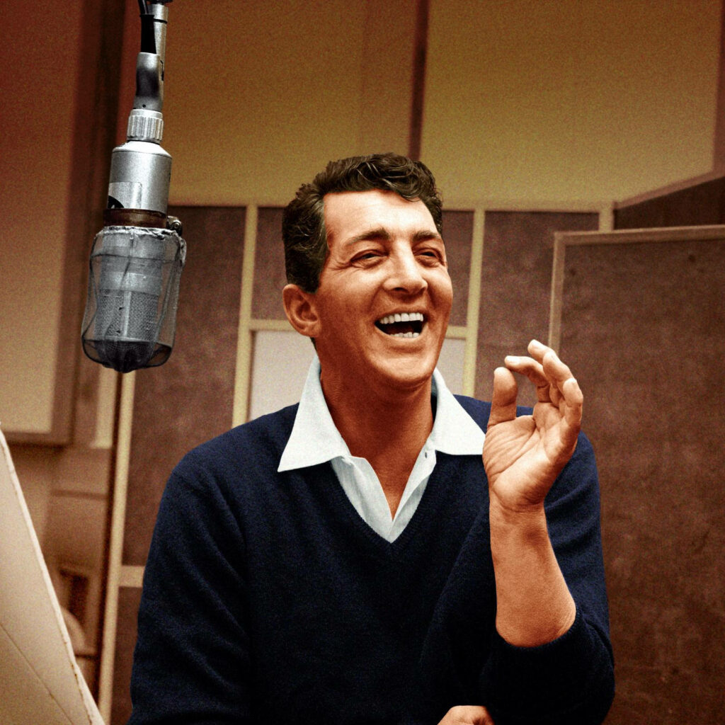 Dean Martin laughing in retro recording studio vintage wallpaper with warm mid century tones