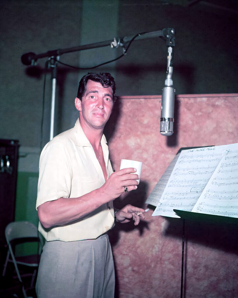 Dean Martin vintage recording studio wallpaper with classic microphone cup and sheet music background