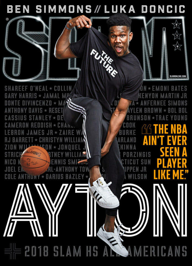 Deandre Ayton NBA SLAM cover action pose black The Future shirt urban background wallpaper