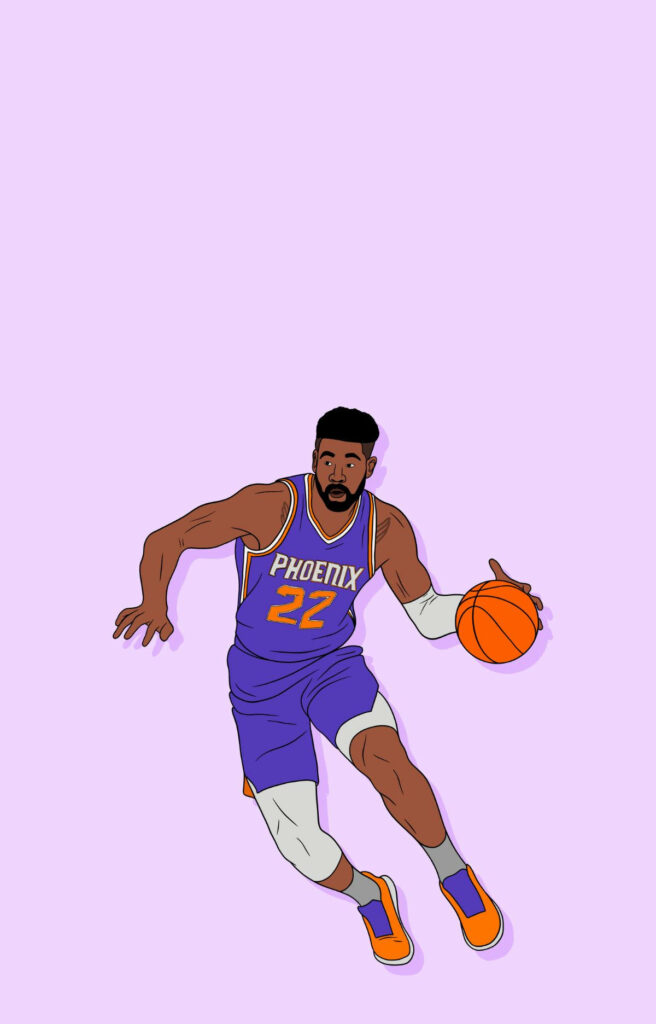 Deandre Ayton Phoenix Suns animated art wallpaper dribbling basketball soft purple background