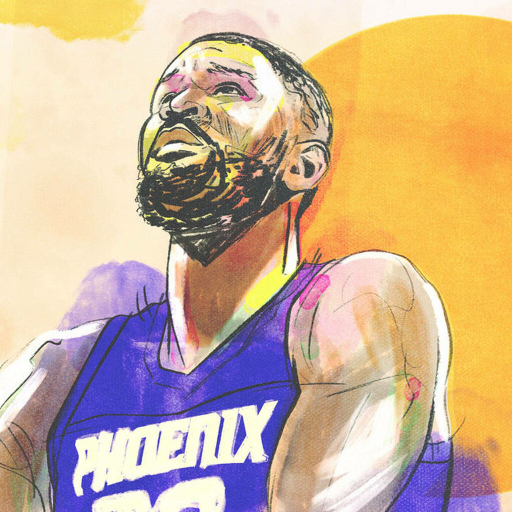 Deandre Ayton Phoenix Suns digital artwork wallpaper vibrant orange yellow sketch style