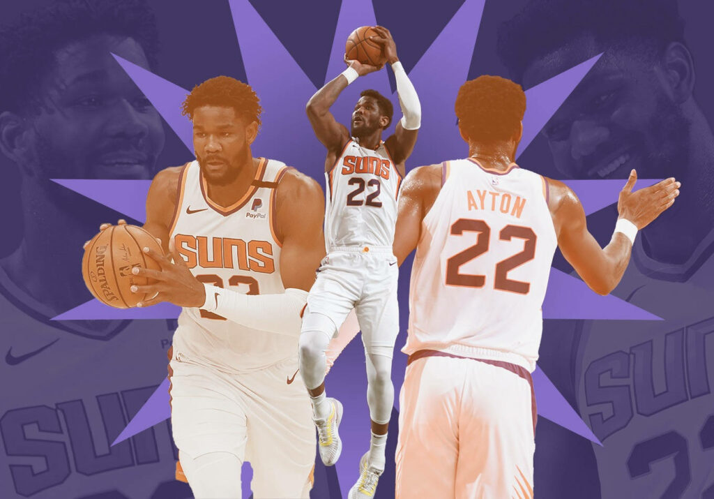 Deandre Ayton Phoenix Suns dynamic action wallpaper purple background sunburst graphics