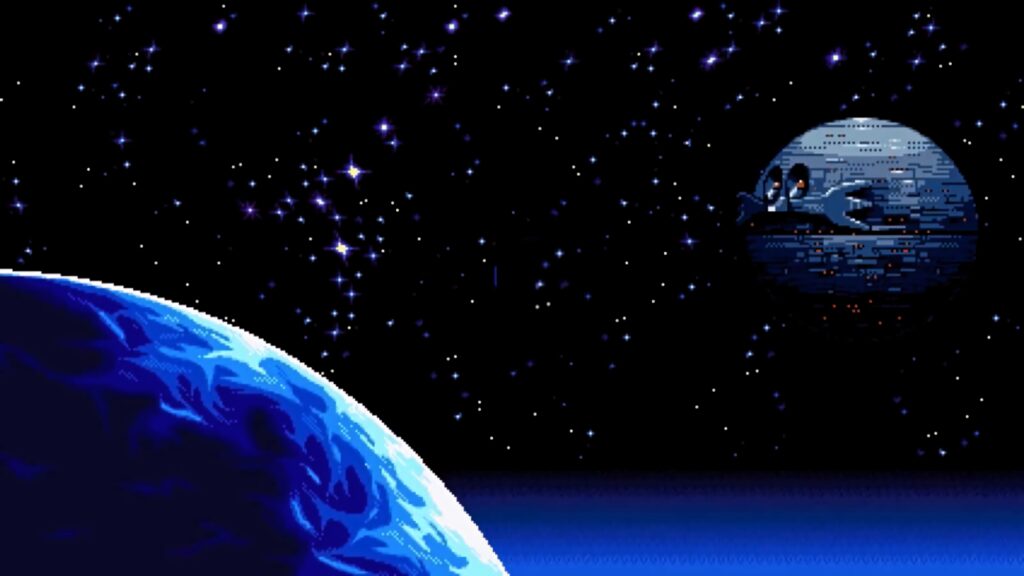 Pixel art Death Egg from Sonic above blue planet with starry cosmic background wallpaper