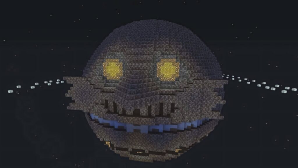Pixelated Death Egg fortress with glowing eyes and grin in Minecraft style starry night wallpaper