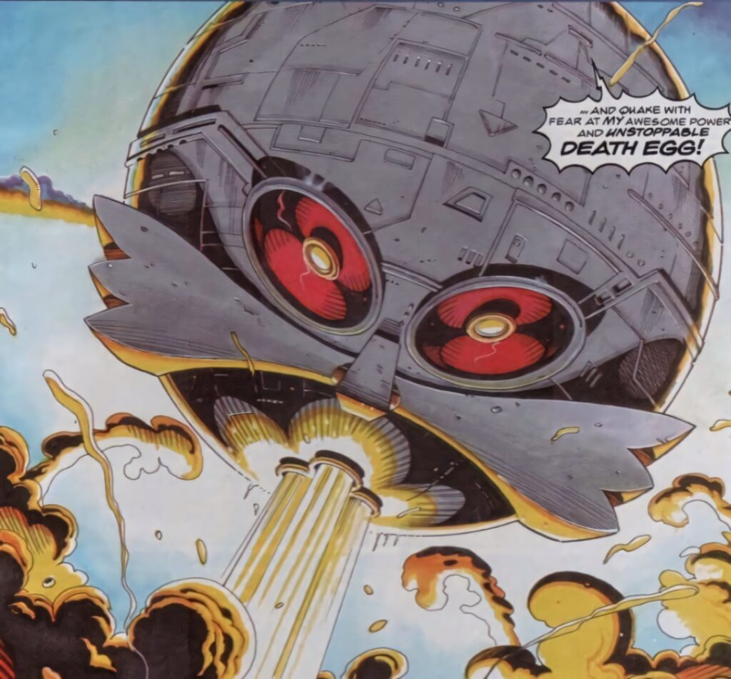 Death Egg Sonic wallpaper bold comic art vivid colors explosive clouds mechanical sphere