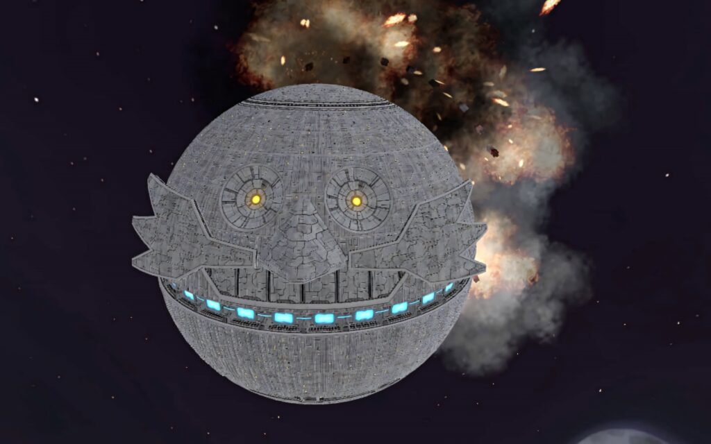 Death Egg Sonic metallic space station with glowing yellow lights and fiery starry sky background Wallpaper