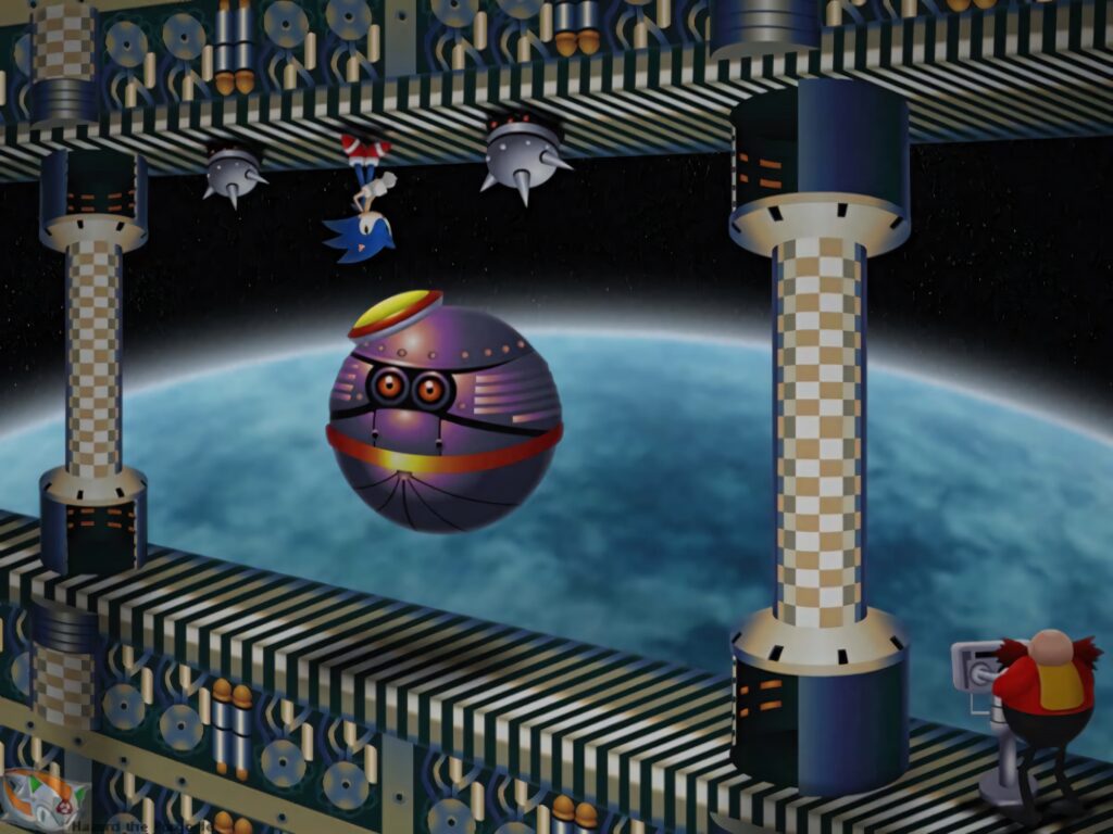 Sonic hanging upside down in Death Egg with Dr Eggman robotics dark industrial space station wallpaper