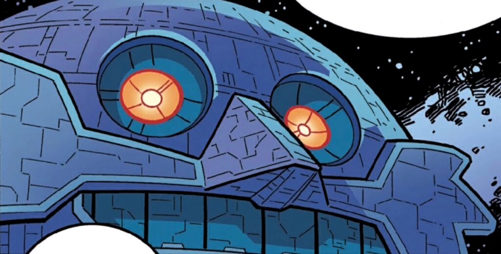 Death Egg from Sonic wallpaper with vibrant comic lines glowing red eyes and retro-futuristic design