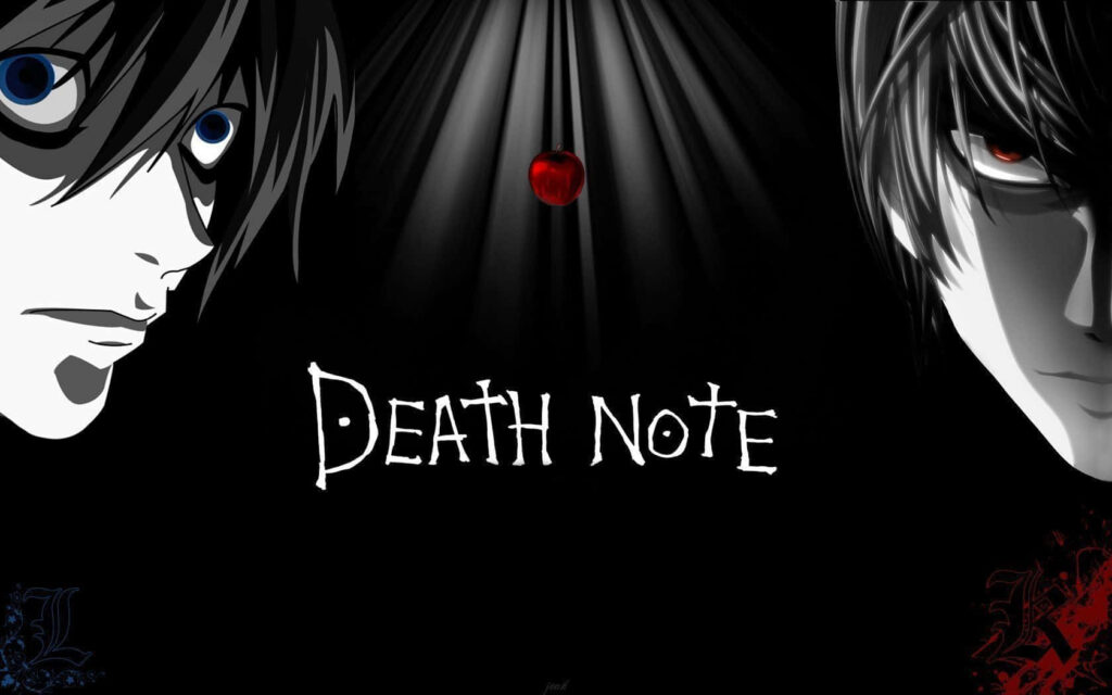 Death Note Black & White Wallpaper: Intense Characters & Red Apple