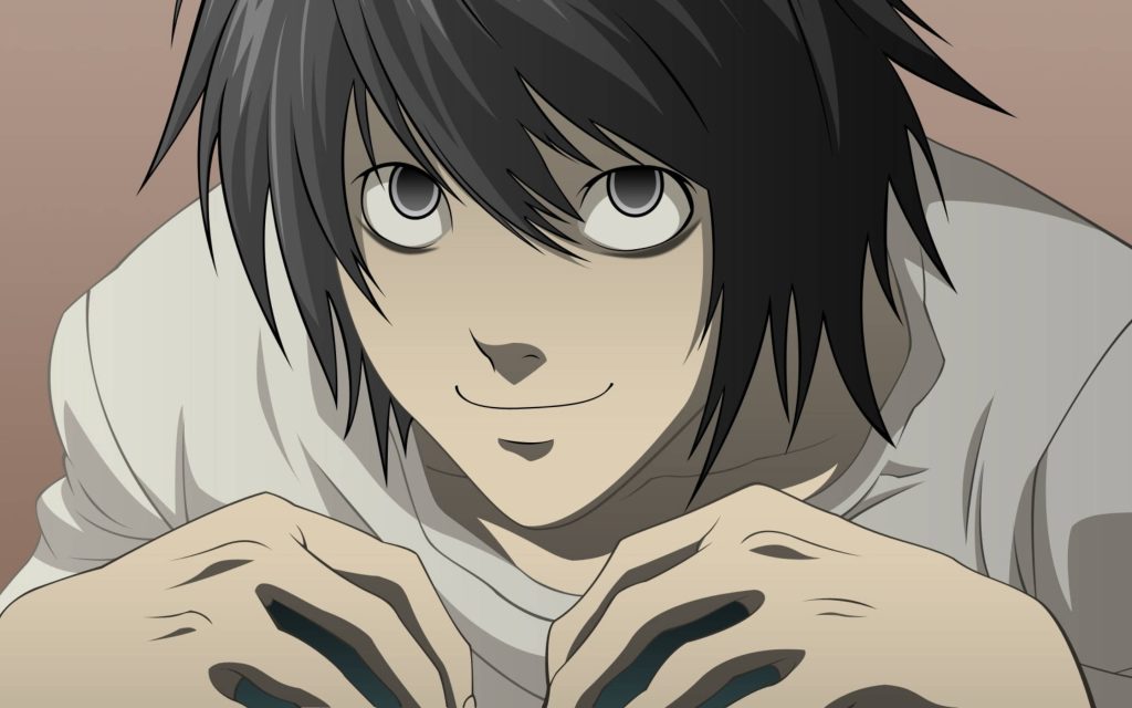 Death Note L wallpaper featuring L Lawliet with messy hair and rare knowing smile anime art