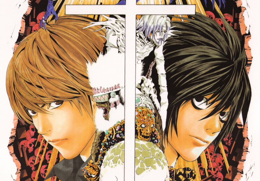 Death Note wallpaper split-screen Light Yagami L Lawliet with shinigami Rem dark anime art