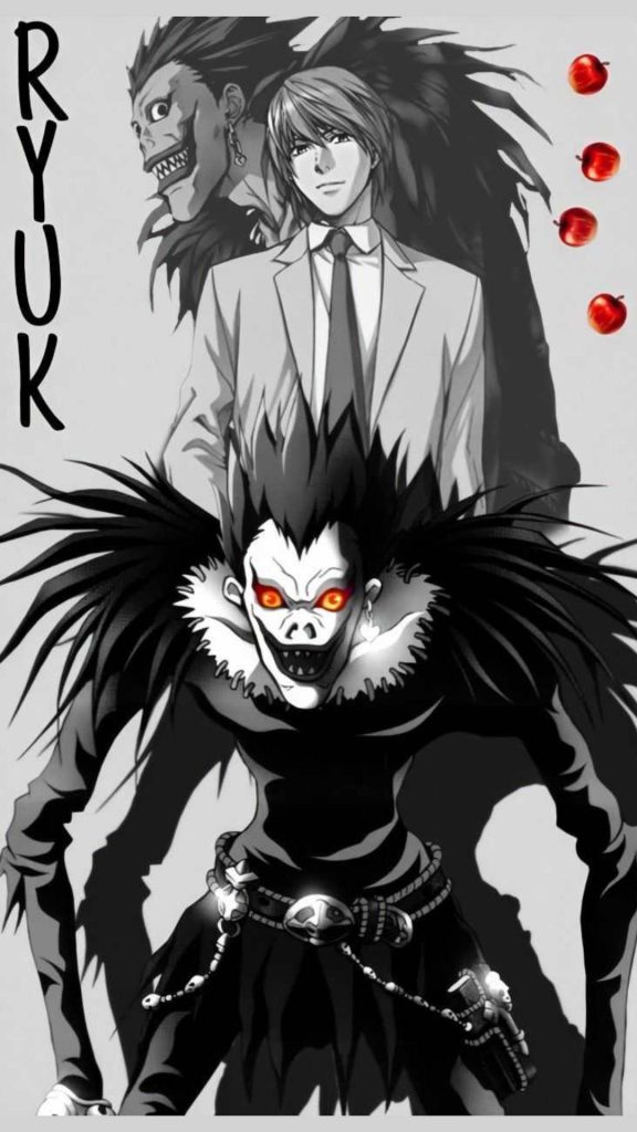 Death Note anime wallpaper with Shinigami Ryuk glowing eyes Light Yagami red apples dark design