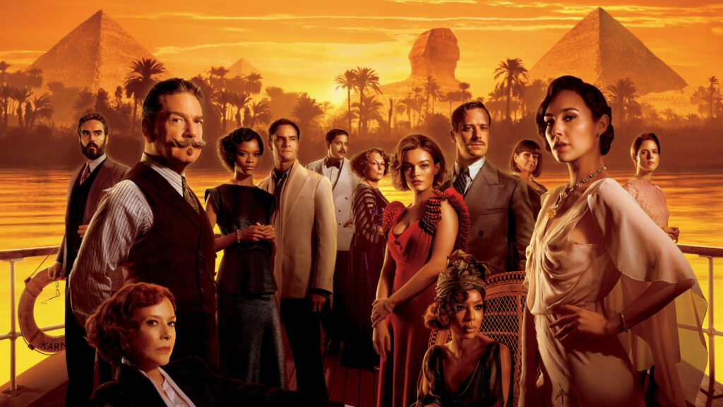 Death on the Nile wallpaper with cast on riverboat at sunset Egypt pyramids Sphinx background