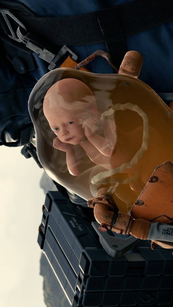 Close-up CGI of Death Stranding Bridge Baby in amber pod high-quality iPhone wallpaper background