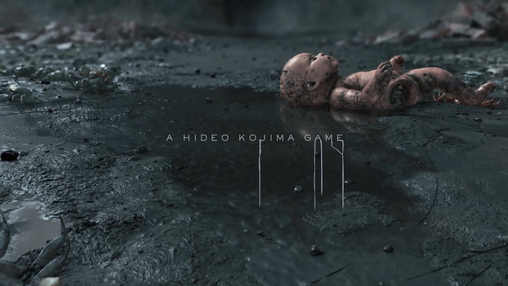 Death Stranding Bridge Baby doll in muddy puddle with crabs post-apocalyptic wallpaper background