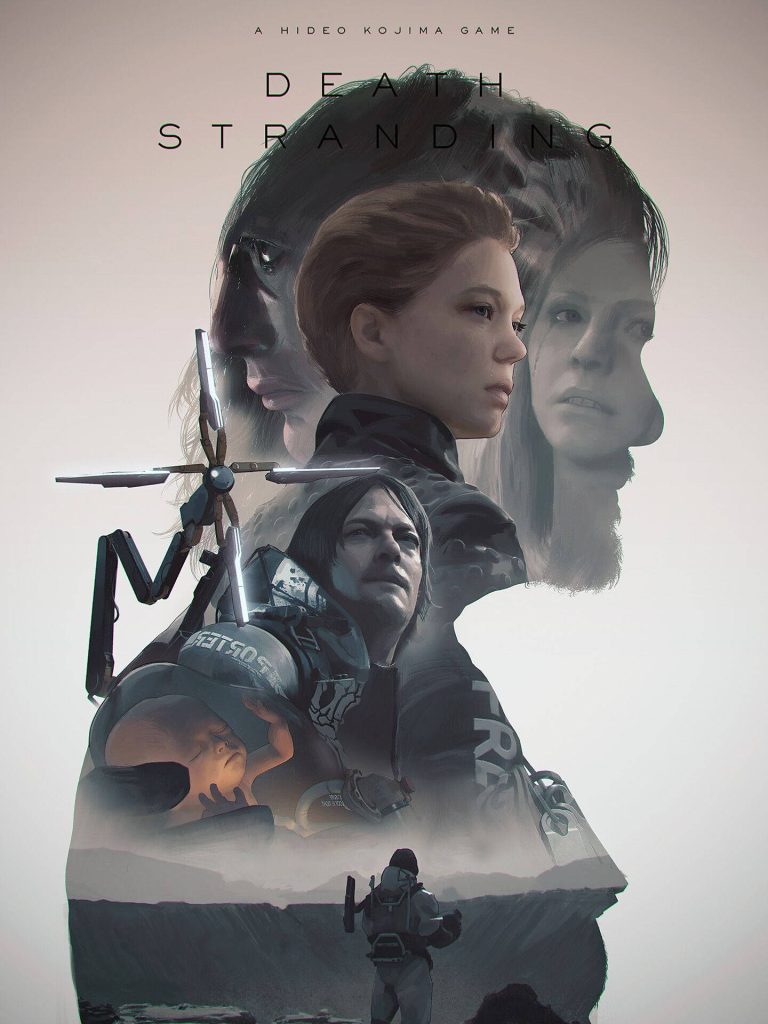 Death Stranding cinematic poster with Sam Porter Bridges Fragile Cliff Unger and Mama dramatic background Wallpaper