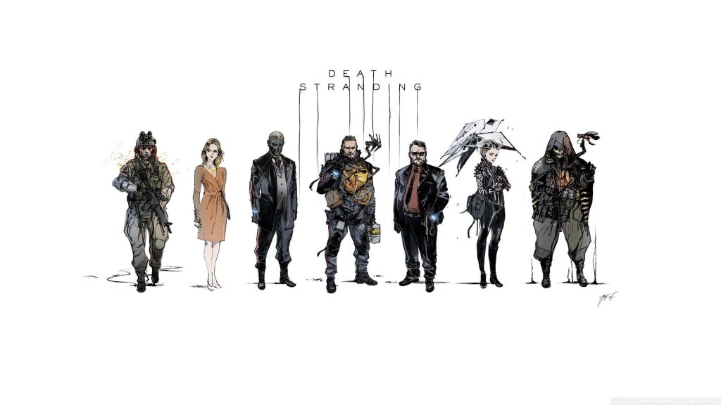 Death Stranding comic art wallpaper featuring Sam Porter Bridges and cast on white background