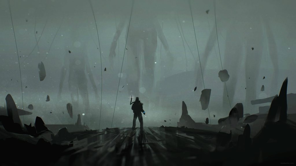 Lone Death Stranding courier faces giant spectral Beached Things in foggy dark digital art wallpaper