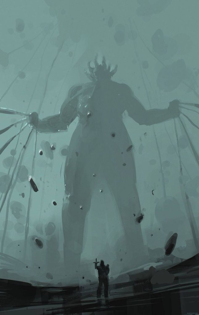 Moody digital art of Death Stranding BT towering over Sam Porter Bridges teal cinematic wallpaper