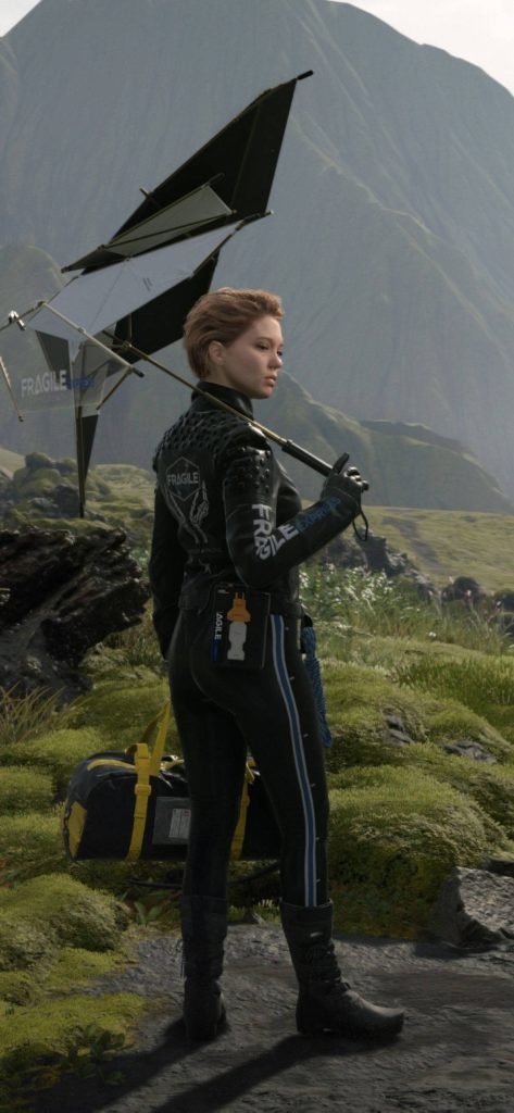 Fragile from Death Stranding in detailed mossy landscape with umbrella iPhone wallpaper background