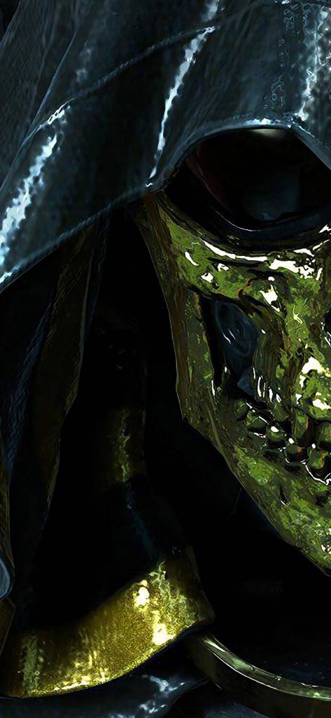 Close-up digital art of Higgs Monaghan with golden skull mask in dark Death Stranding style background Wallpaper
